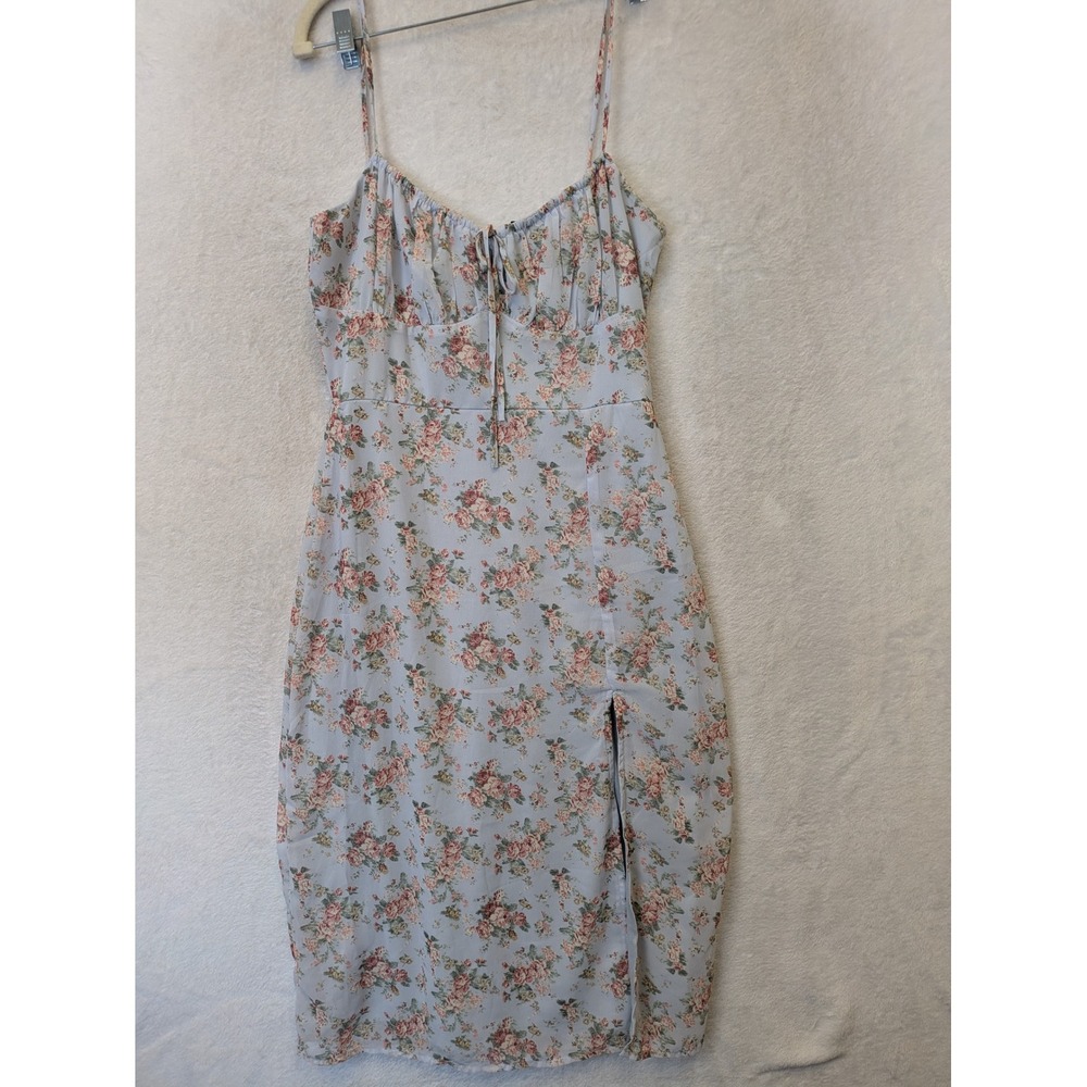 Windsor Midi Garden Dress Women's XS Blue Floral‎ Tie Front Side Slit